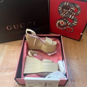 Gucci Charlotte Nappa Leather Sandals Sand Storm Wedges